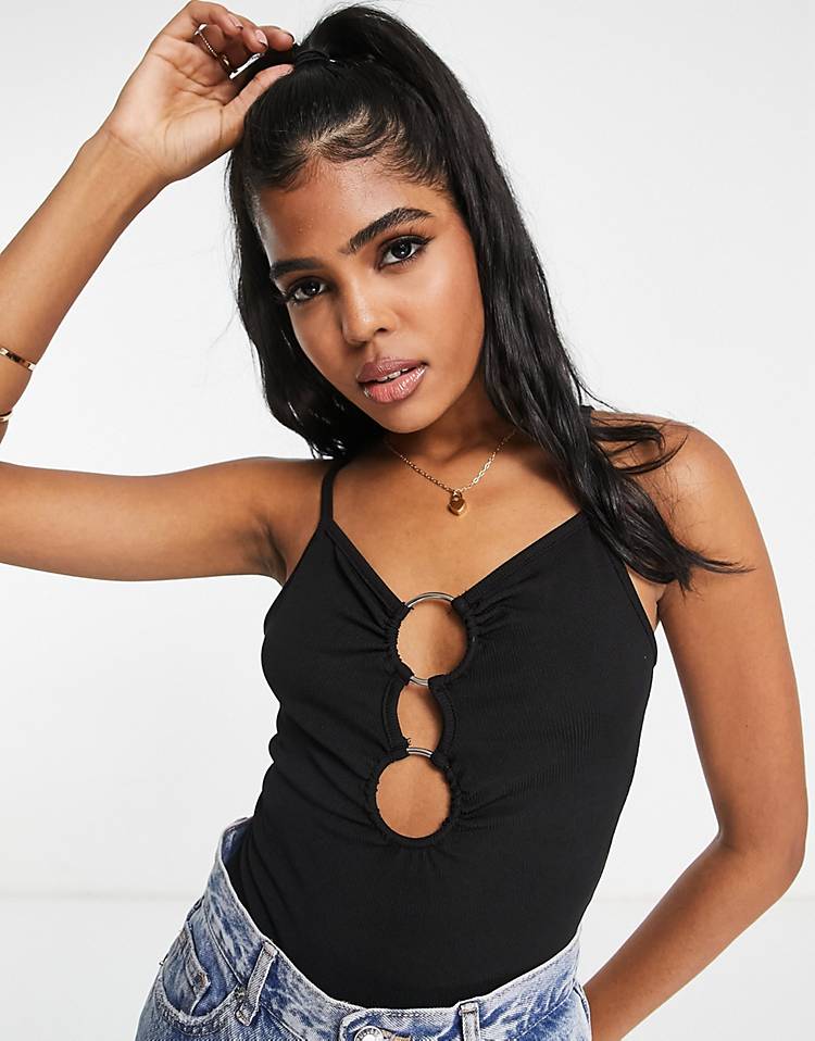 New Look ring detail cut out bodysuit in black